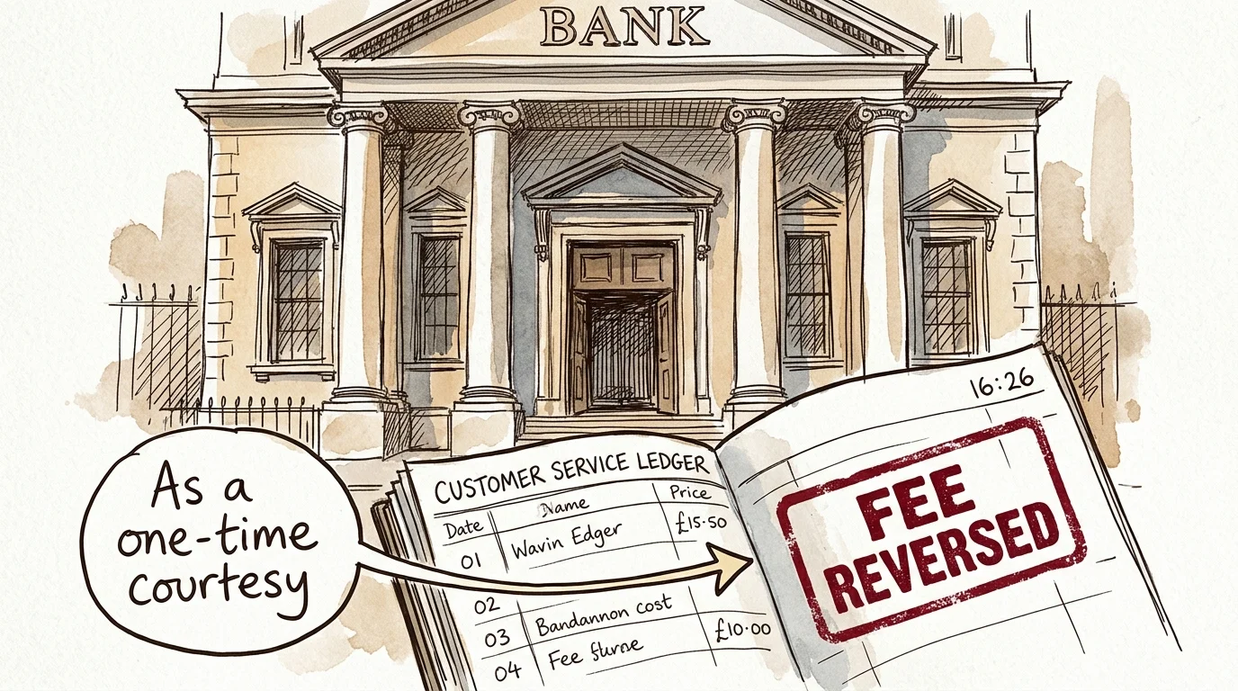 Sketch of a bank building with a ledger stamped FEE REVERSED and a speech bubble reading As a one-time courtesy.