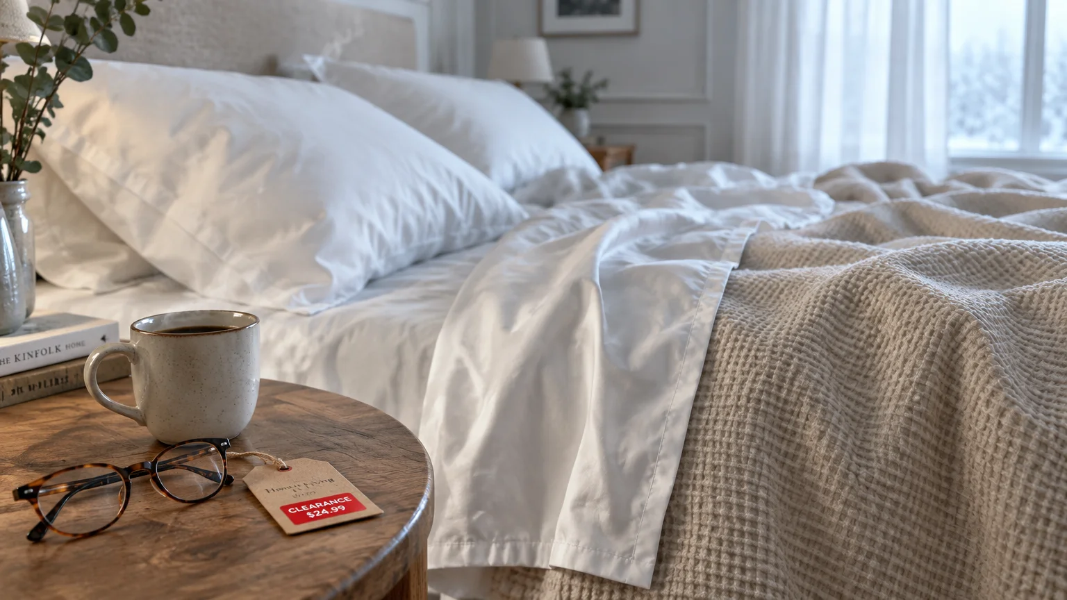 Unmade bed with white pillows and sheets, beside a nightstand with a coffee mug, eyeglasses, and a red clearance tag.