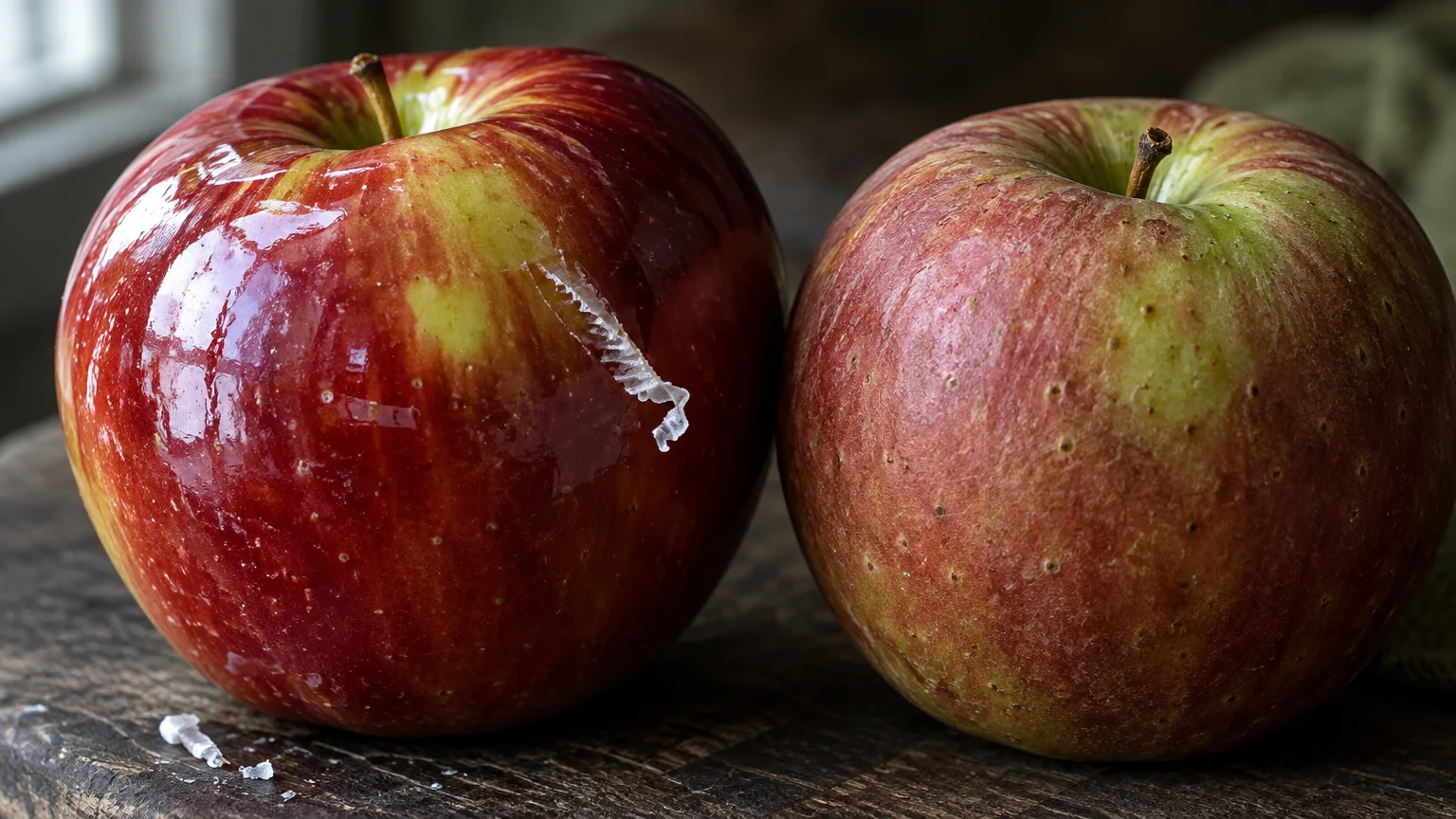 Side-by-side comparison of a glossy waxed red apple with peeling coating next to a matte, unwaxed red apple.