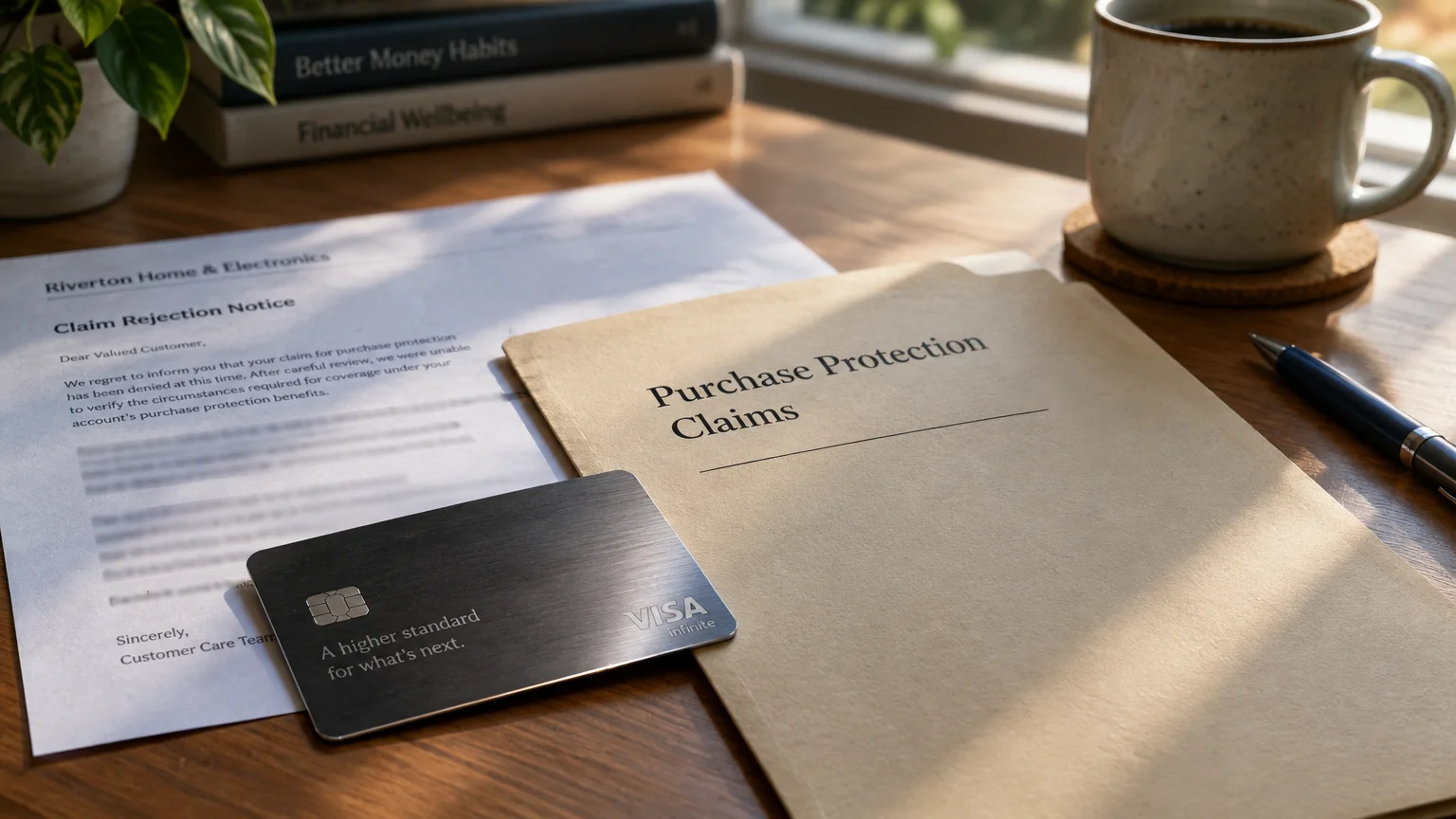 Black credit card on a claim rejection notice beside a folder labeled Purchase Protection Claims on a wooden desk.