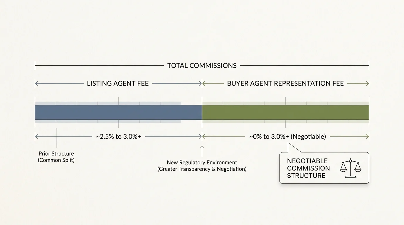 Diagram breaking down total real estate commissions into listing agent fee and negotiable buyer agent representation fee.
