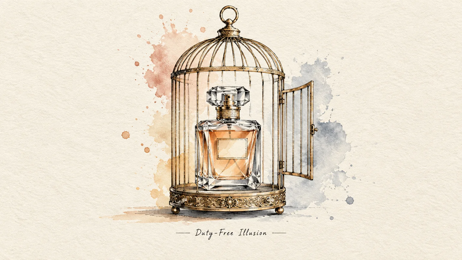 Ink and watercolor illustration of a glass perfume bottle inside an ornate brass birdcage with an open door.