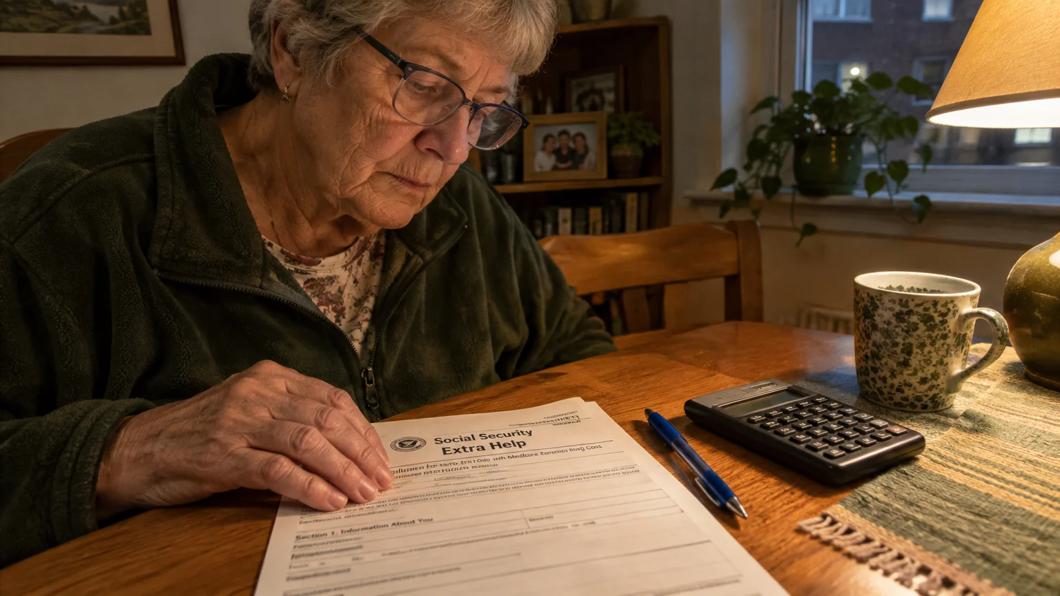 Senior woman wearing glasses looking down at a Social Security Extra Help paper form on a wooden desk next to a calculator.