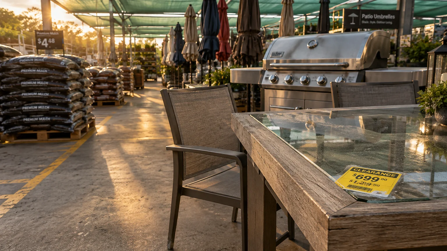 Patio table with clearance price tag next to a stainless steel grill and folded umbrellas in an outdoor garden center.