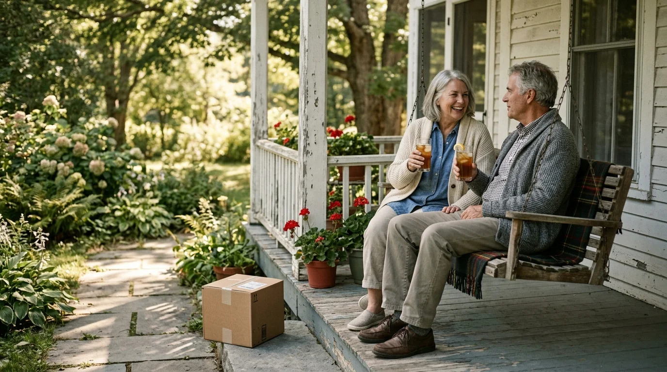An older couple sits on a porch swing holding drinks, with a cardboard delivery box sitting on the walkway nearby.