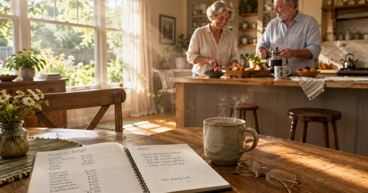 A notebook with a handwritten household budget sits on a table while an older couple prepares breakfast in the kitchen.