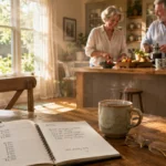 A notebook with a handwritten household budget sits on a table while an older couple prepares breakfast in the kitchen.