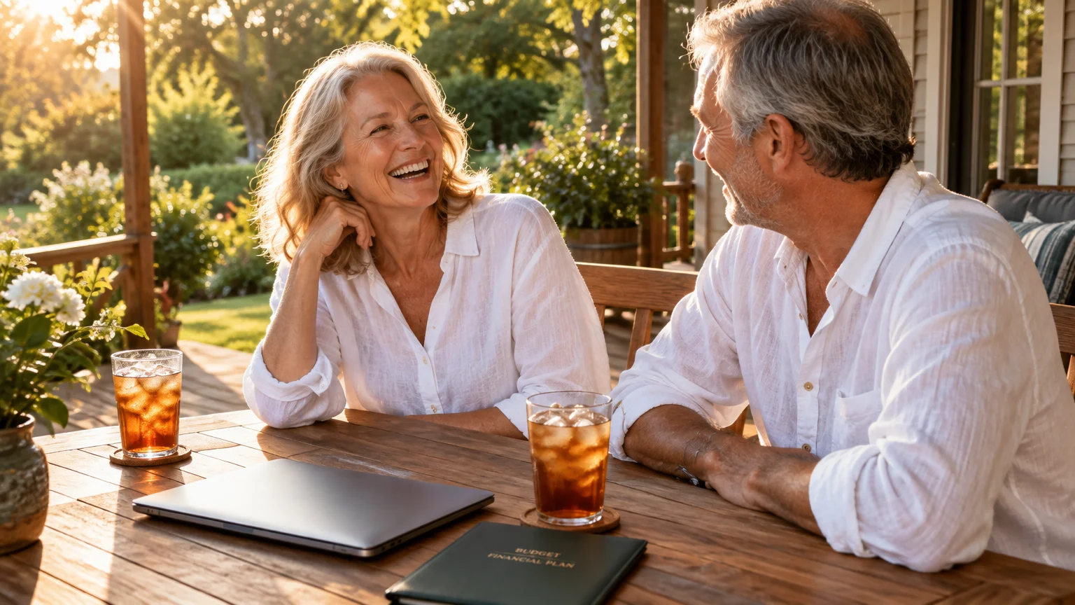 Senior couple sitting at a patio table with iced drinks, a closed laptop, and a budget notebook, smiling at each other.