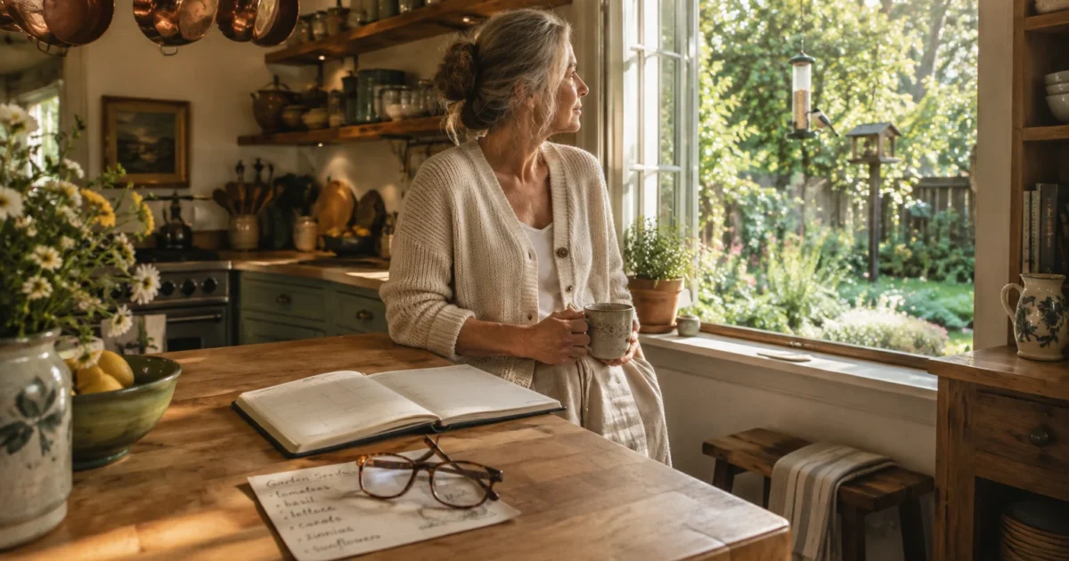 A senior woman holding a mug in a sunlit rustic kitchen looks out an open window toward a garden.