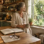 A senior woman holding a mug in a sunlit rustic kitchen looks out an open window toward a garden.