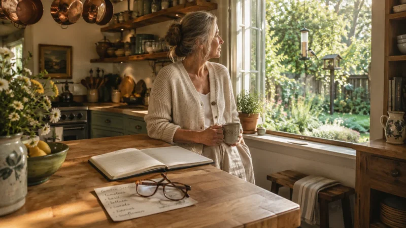 A senior woman holding a mug in a sunlit rustic kitchen looks out an open window toward a garden.