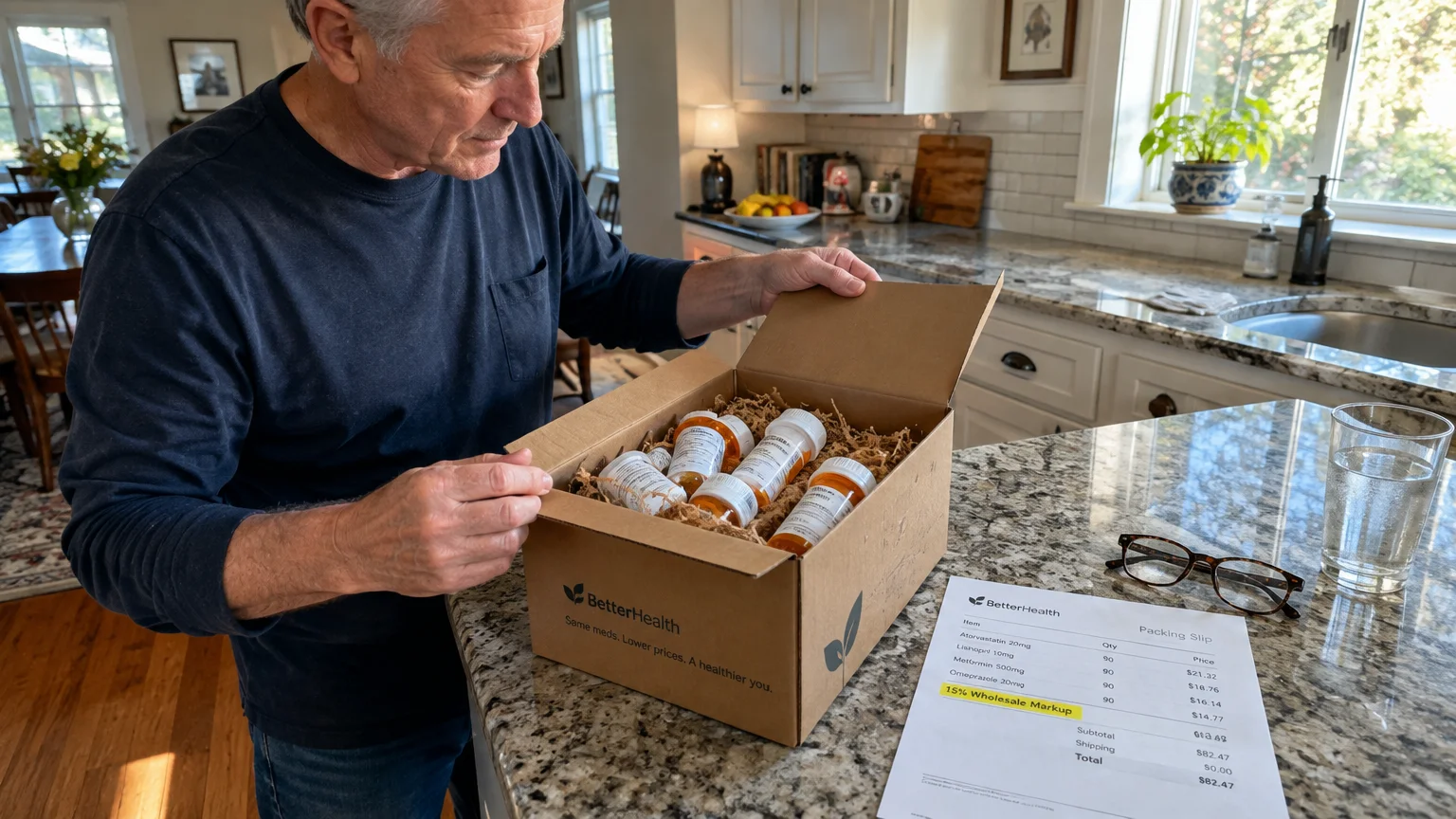 Man in a kitchen opening a cardboard delivery box filled with prescription pill bottles next to a packing slip.