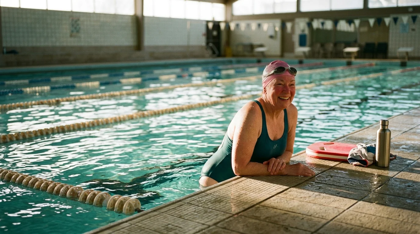 Senior woman in a swimsuit and pink swim cap smiling at the edge of an indoor lap pool.