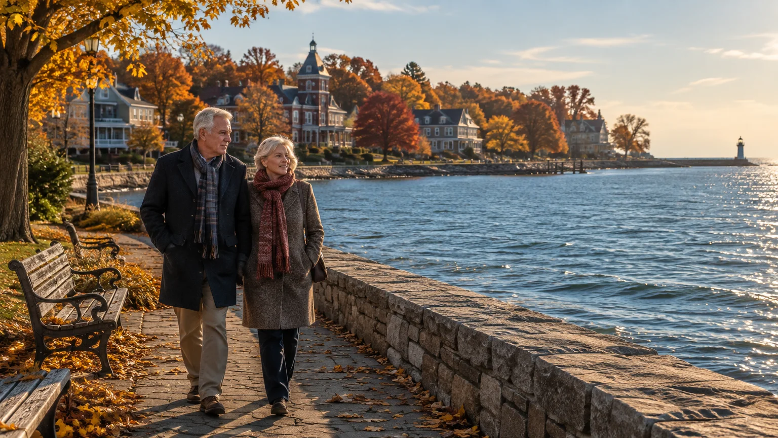An older couple in coats walks along a stone lakeside path lined with autumn trees and historic waterfront homes.