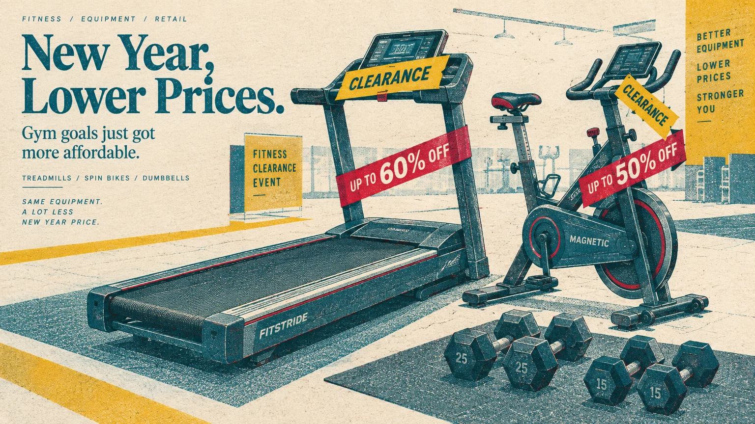 Illustration of a treadmill, stationary bike, and dumbbells with clearance sale banners advertising up to 60 percent off.