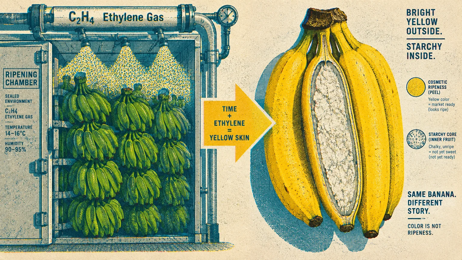 Illustration of green bananas in a gassing chamber next to yellow bananas with a cross-section showing an unripe starchy core.