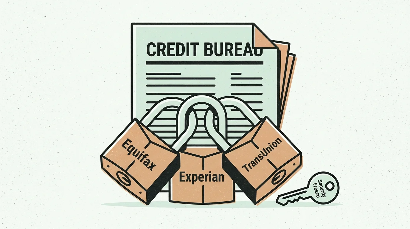 Illustration of a credit bureau report locked by three padlocks labeled Equifax, Experian, and TransUnion beside a key.