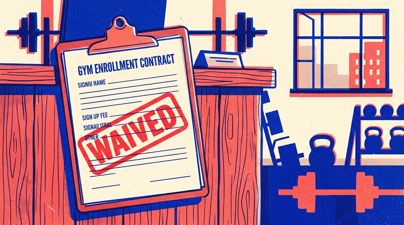 Illustration of a gym enrollment contract stamped waived on a clipboard at a front counter with weights in the background.