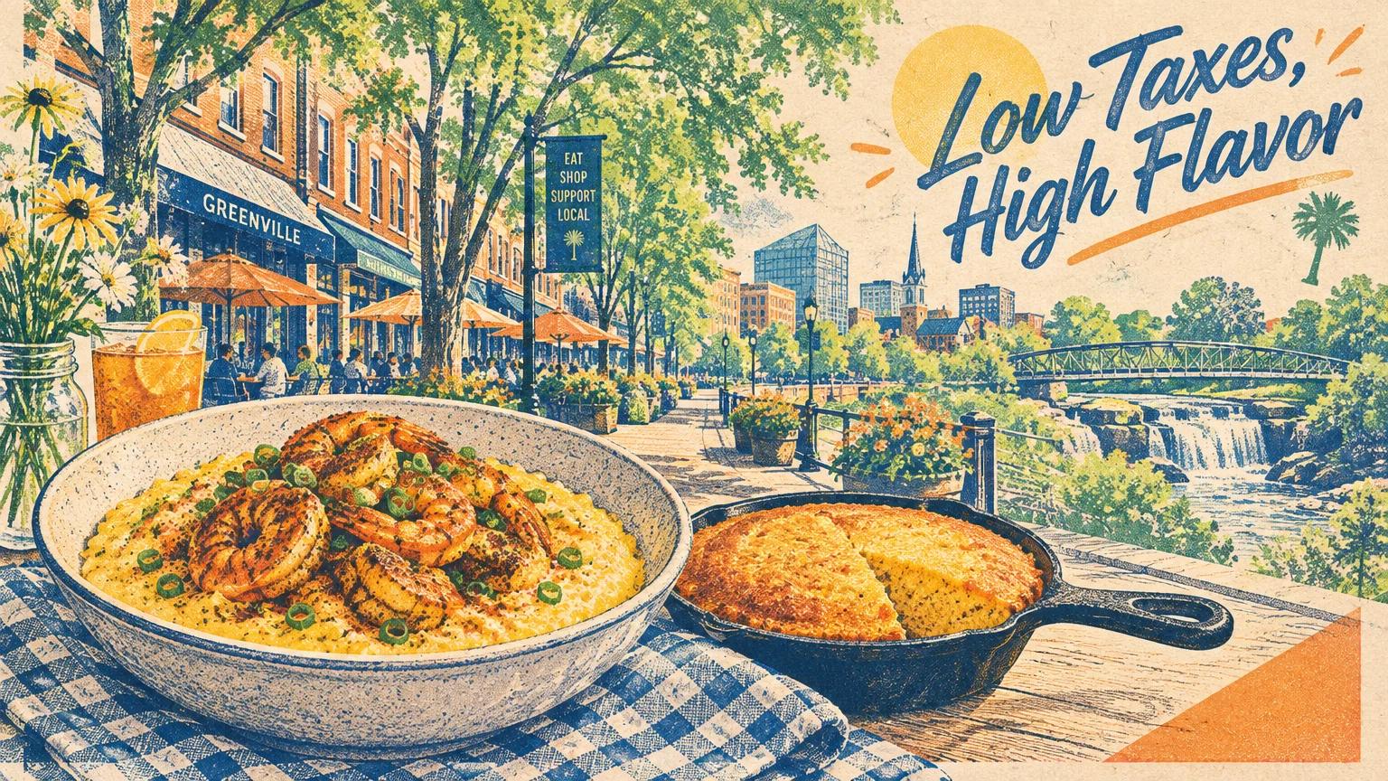 Illustration of shrimp and grits and cornbread in a skillet before a downtown Greenville streetscape and waterfall.