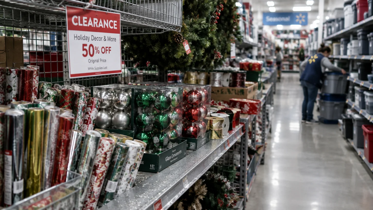 Store aisle shelves filled with discounted Christmas wrapping paper and ornaments under a 50 percent off clearance sign.