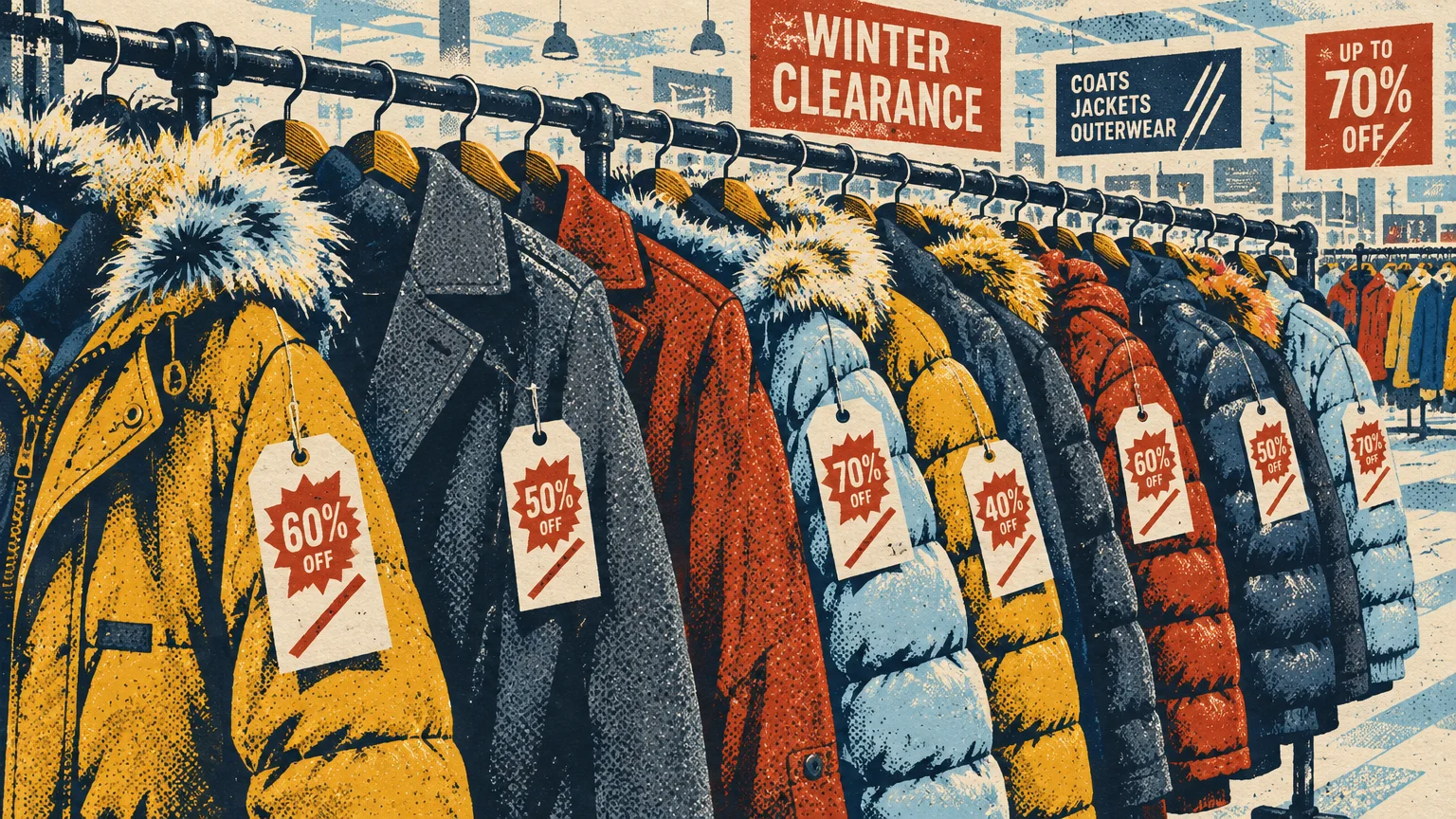 Illustration of winter coats and parkas on a clothing rack with clearance discount tags up to 70 percent off.