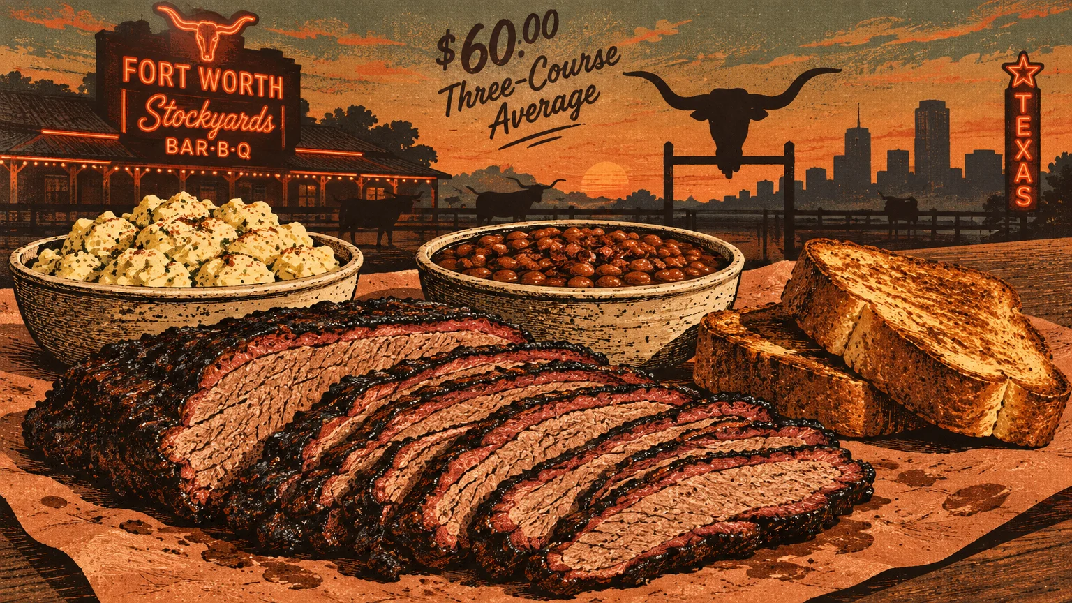 Illustration of sliced brisket, potato salad, baked beans, and toast against a sunset over Fort Worth Stockyards.