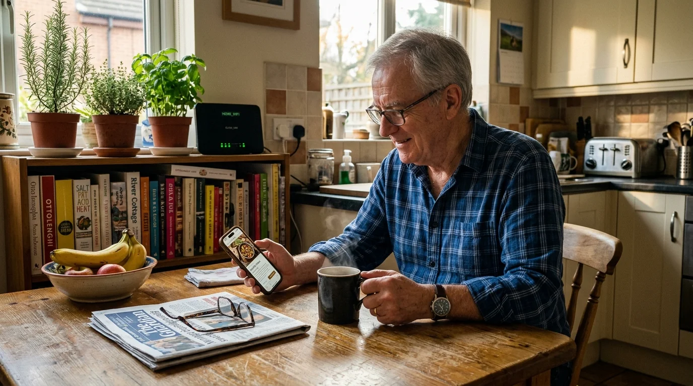 An older man with glasses sits at a kitchen table holding a mug and smartphone near an internet router.