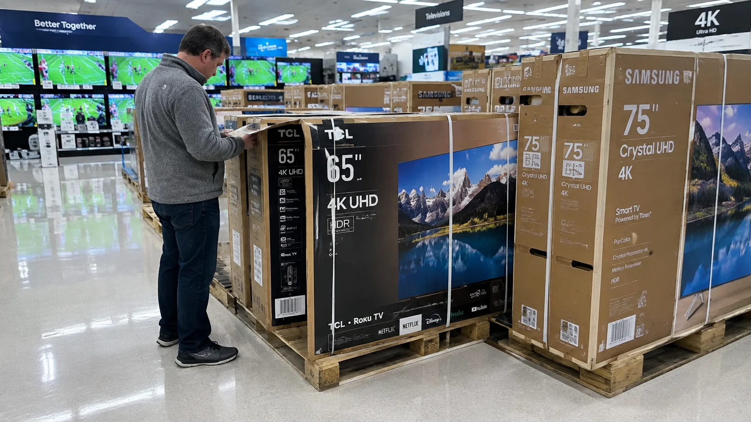 A man looks at large boxed televisions on wooden pallets in an electronics department store aisle.