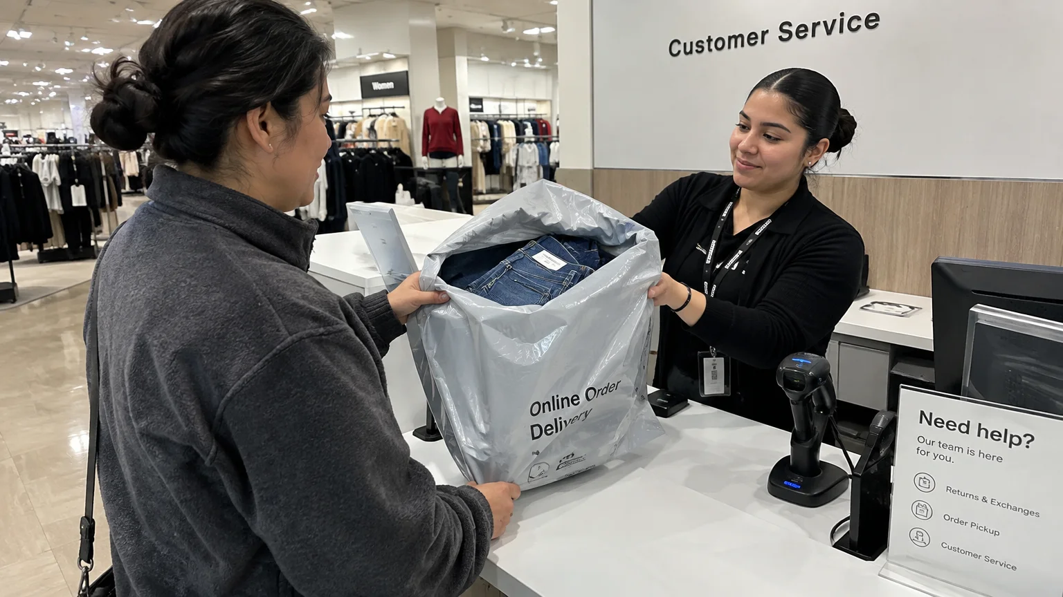 A store employee accepts an online order delivery bag containing jeans from a customer at a customer service desk.
