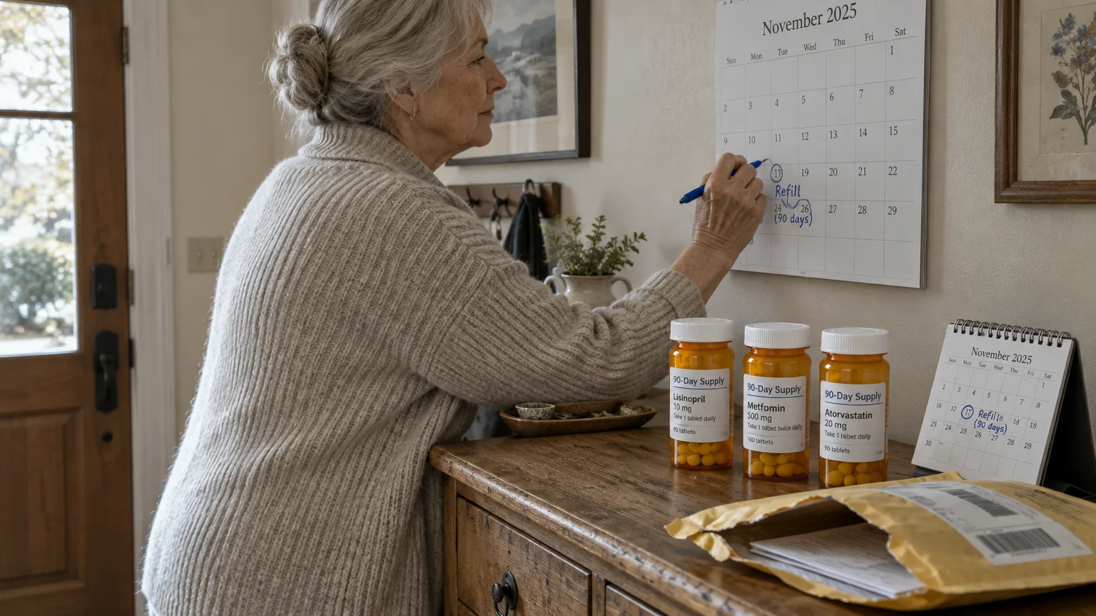 An older woman marks a wall calendar near three 90-day pill bottles and a shipping envelope on a wooden sideboard.