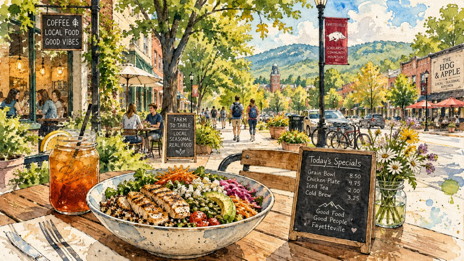 Watercolor illustration of an outdoor cafe table with a grain bowl, iced tea, and a specials chalkboard on a busy street.