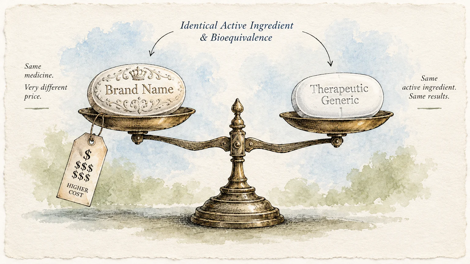 Illustration of a balance scale holding a brand name pill with a higher cost tag balanced against a therapeutic generic pill.