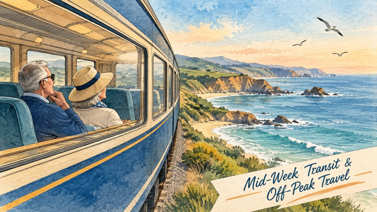 Watercolor illustration of an older couple looking out a train window at a scenic, rugged coastal shoreline.