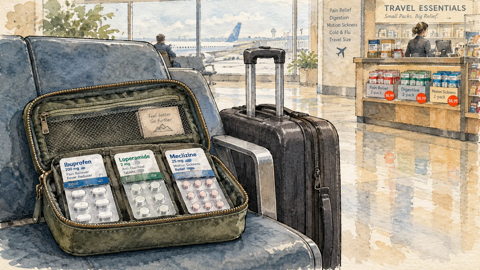 Watercolor of an open travel pill case on an airport terminal seat beside luggage, with an airport store counter behind.