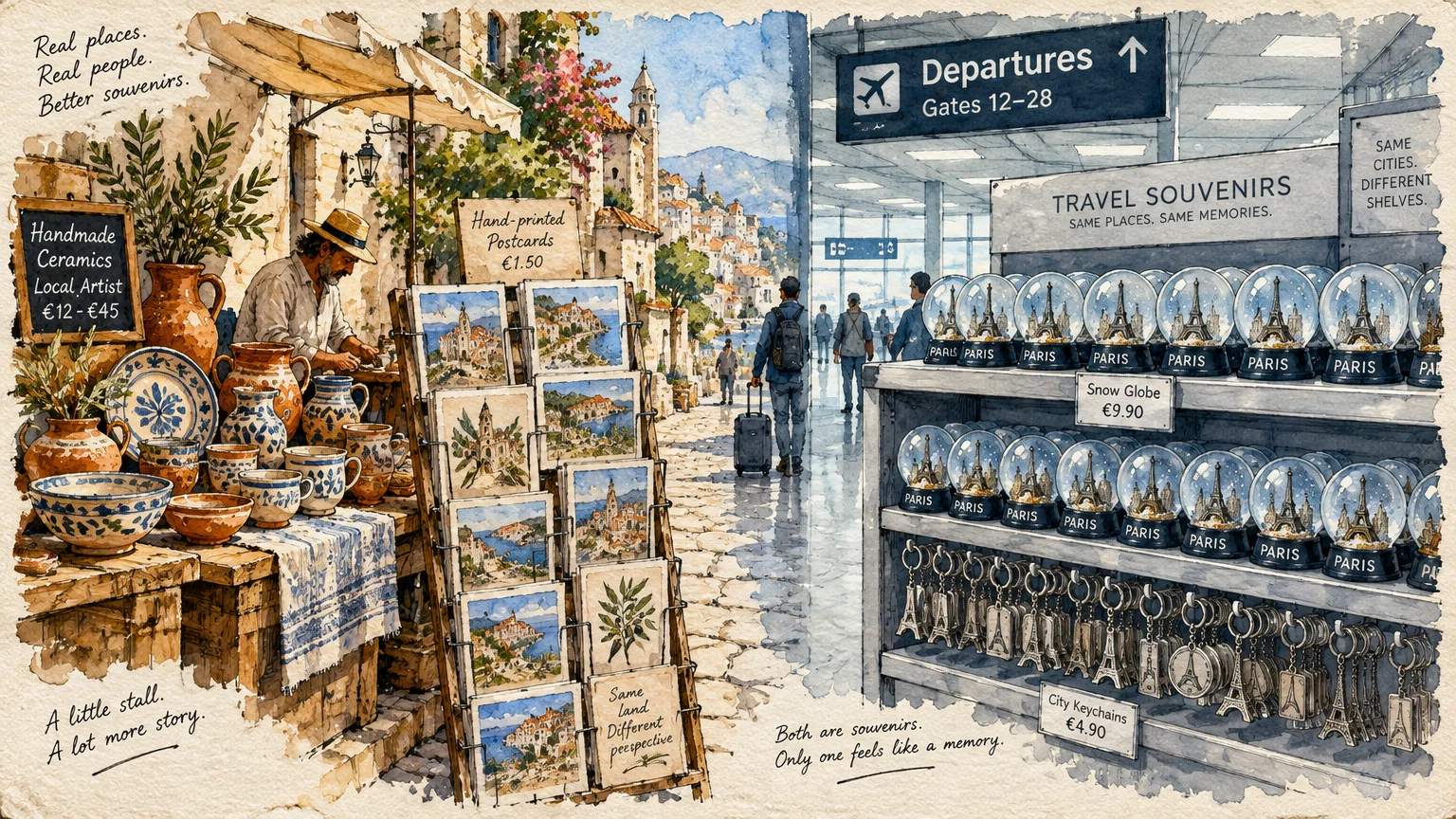 Watercolor split view of an artisan seaside market stall beside an airport terminal shelf stocked with identical snowglobes.