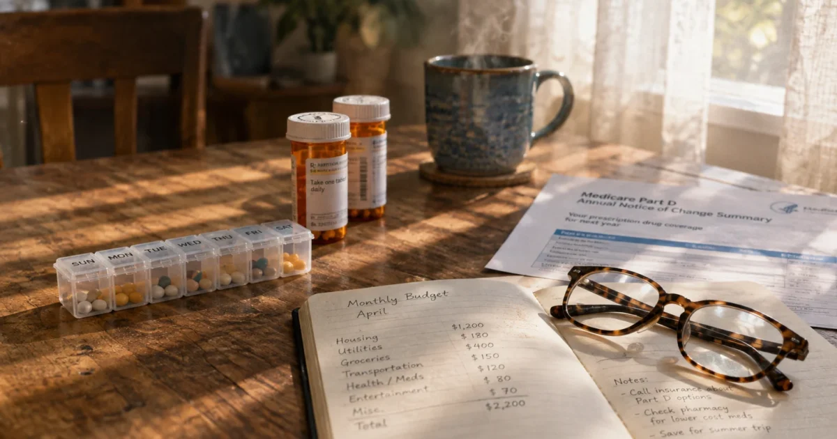 Pill organizer, prescription bottles, eyeglasses, and a monthly budget notebook on a wooden table beside a steaming mug.
