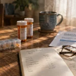 Pill organizer, prescription bottles, eyeglasses, and a monthly budget notebook on a wooden table beside a steaming mug.