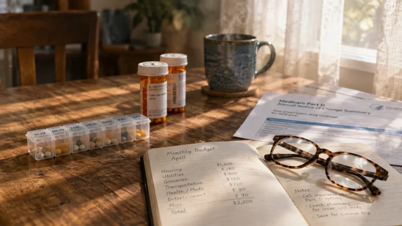 Pill organizer, prescription bottles, eyeglasses, and a monthly budget notebook on a wooden table beside a steaming mug.
