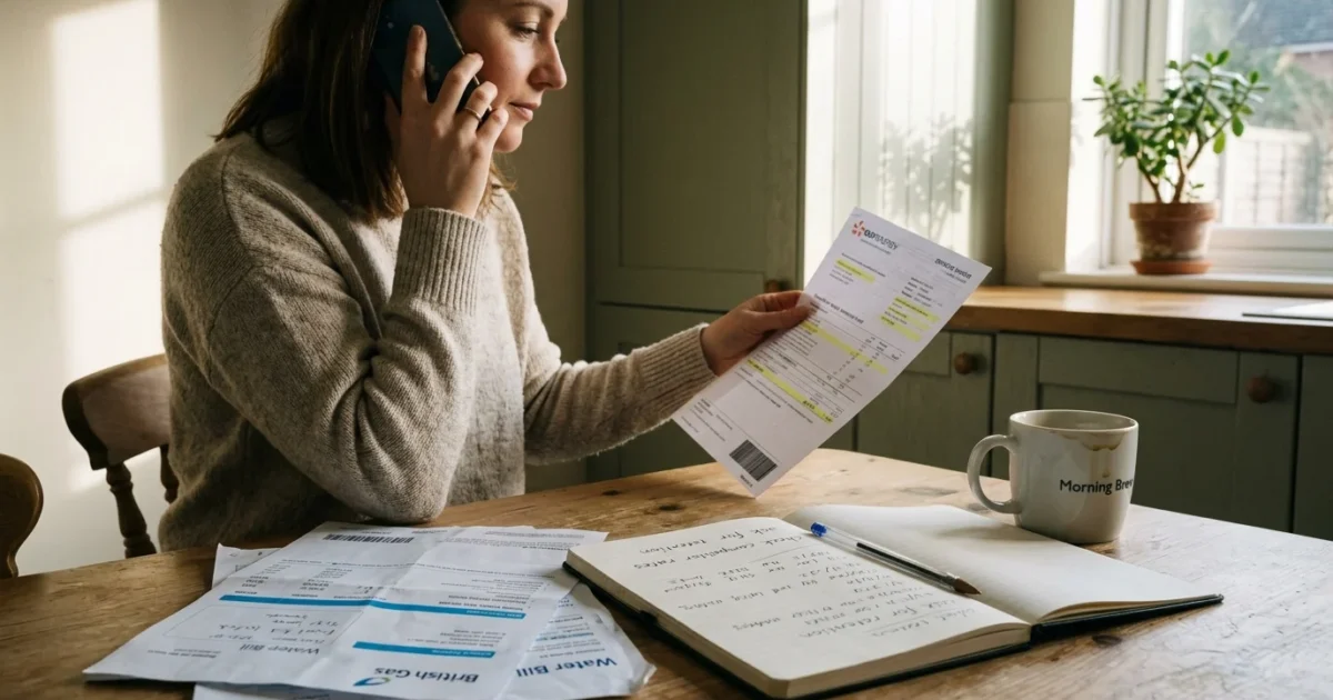 Woman sitting at a wooden table talking on a cell phone while reviewing a utility bill, notebook, and pen.