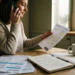 Woman sitting at a wooden table talking on a cell phone while reviewing a utility bill, notebook, and pen.