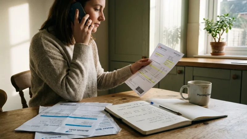 Woman sitting at a wooden table talking on a cell phone while reviewing a utility bill, notebook, and pen.