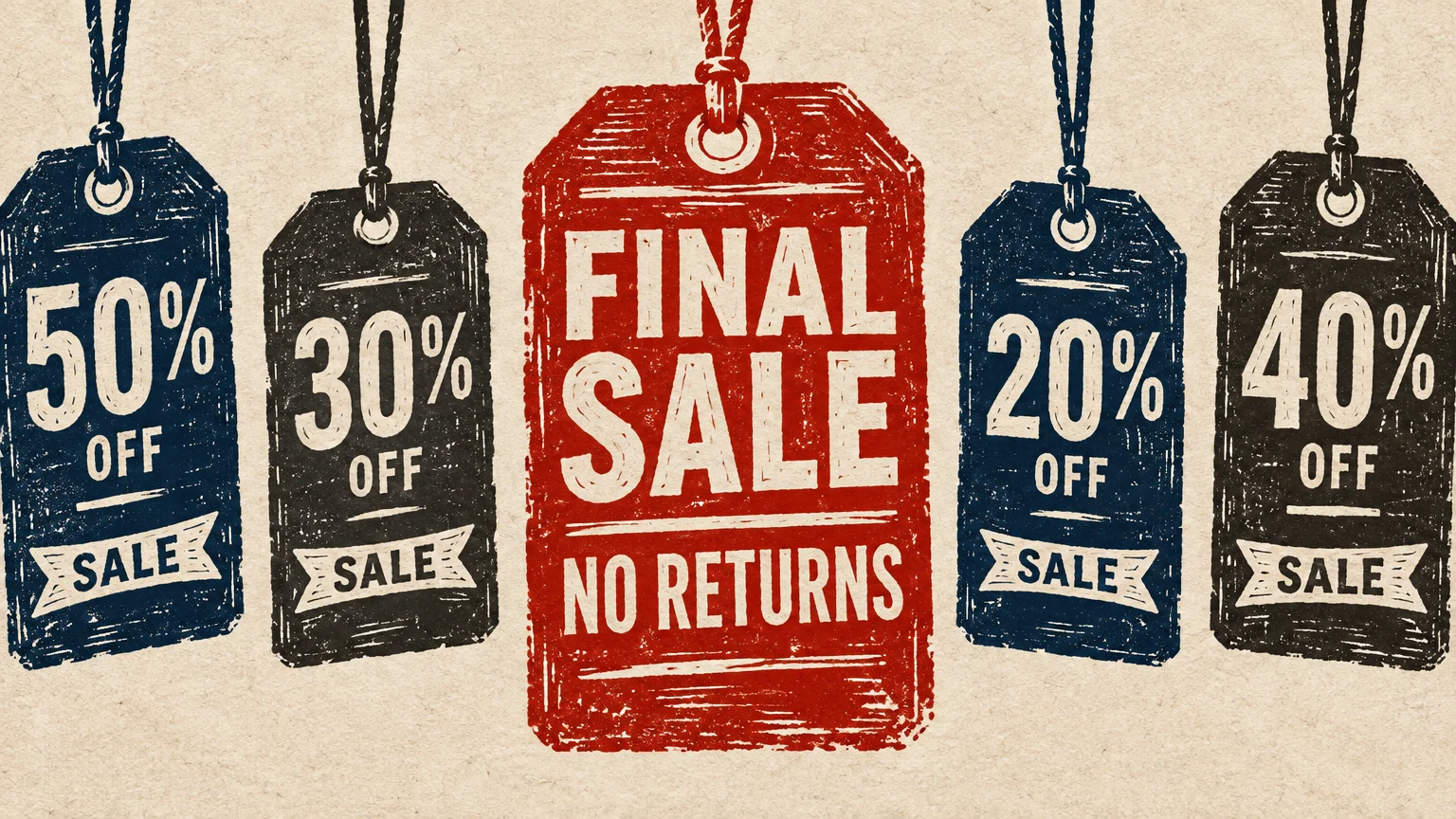 A large red Final Sale No Returns tag hanging between blue and black discount percentage sale tags.