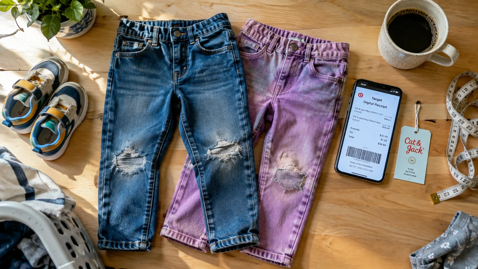 Worn children's jeans with torn knees next to a phone showing a Target digital receipt and a Cat & Jack tag.