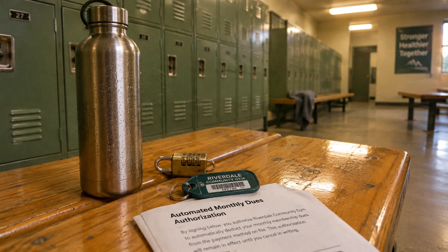 A water bottle, padlock, gym tag, and automated monthly dues agreement sit on a wooden locker room bench.