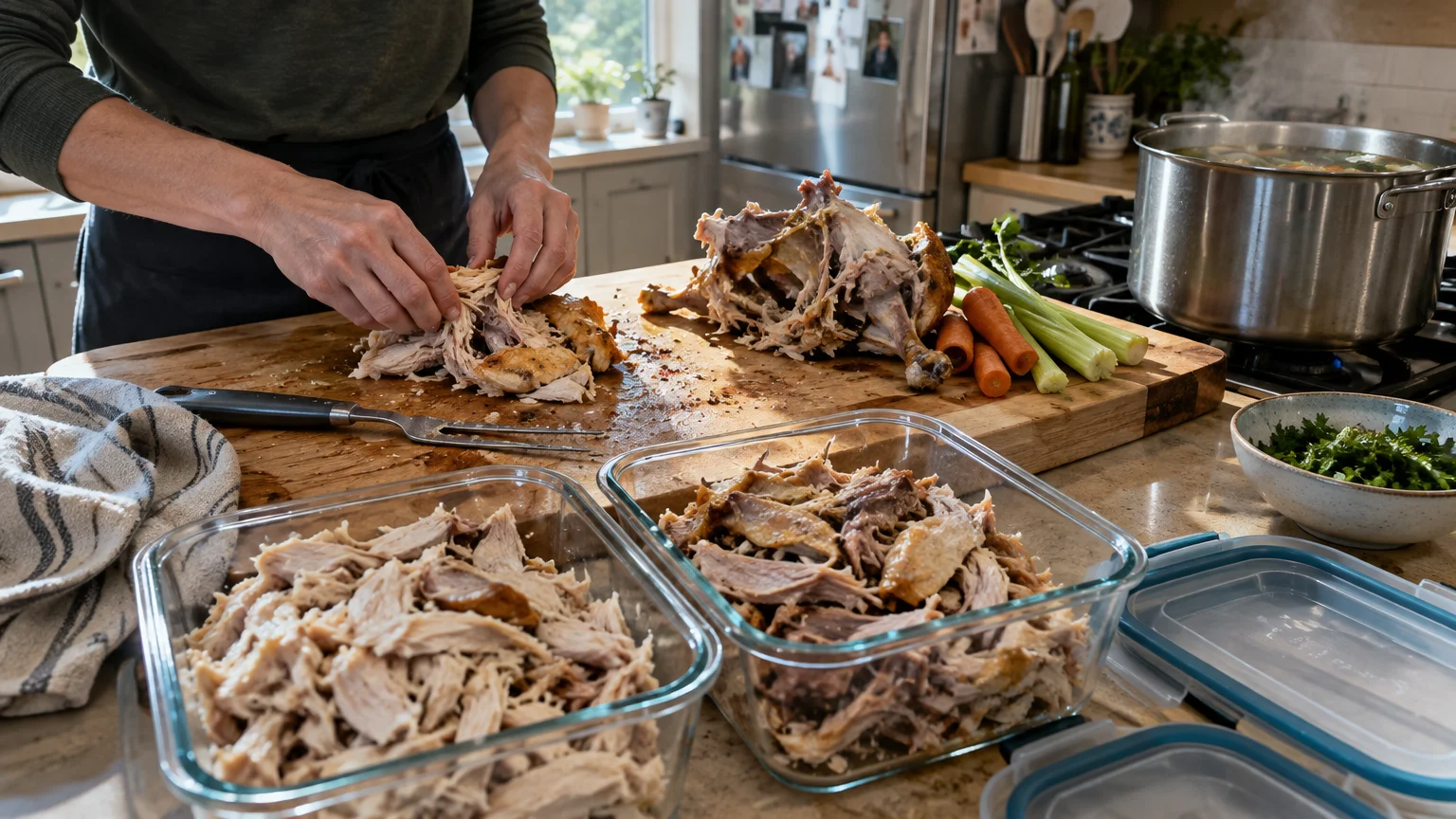 A person shreds rotisserie chicken on a wooden cutting board into glass containers near a steaming stockpot on the stove.