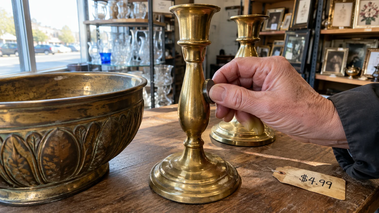 A person tests a vintage brass candlestick with a round neodymium magnet on a thrift store table with a price tag.