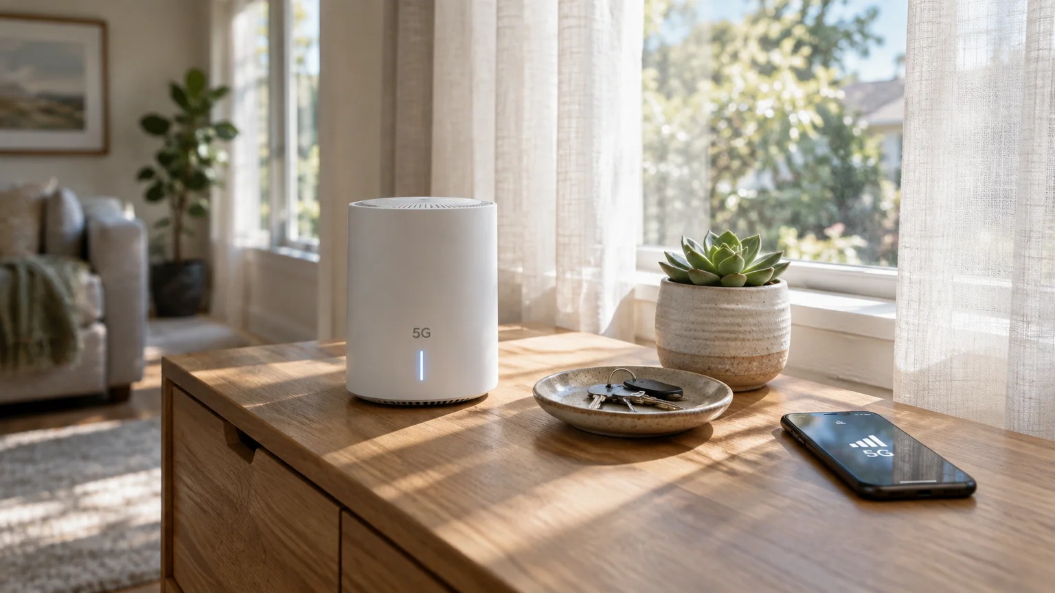 A white cylindrical 5G gateway on a wooden table beside keys, a potted succulent, and a smartphone near a window.
