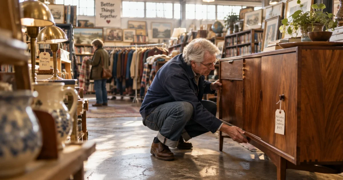 A senior man inspects the woodwork of a vintage credenza inside a spacious thrift and antique shop.