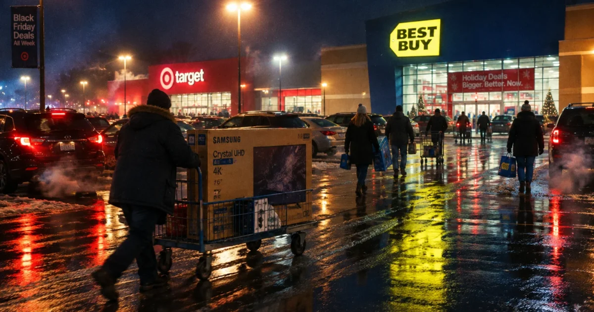 Shoppers push carts with large boxed electronics through a wet parking lot outside Target and Best Buy at night.