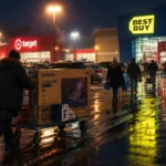 Shoppers push carts with large boxed electronics through a wet parking lot outside Target and Best Buy at night.